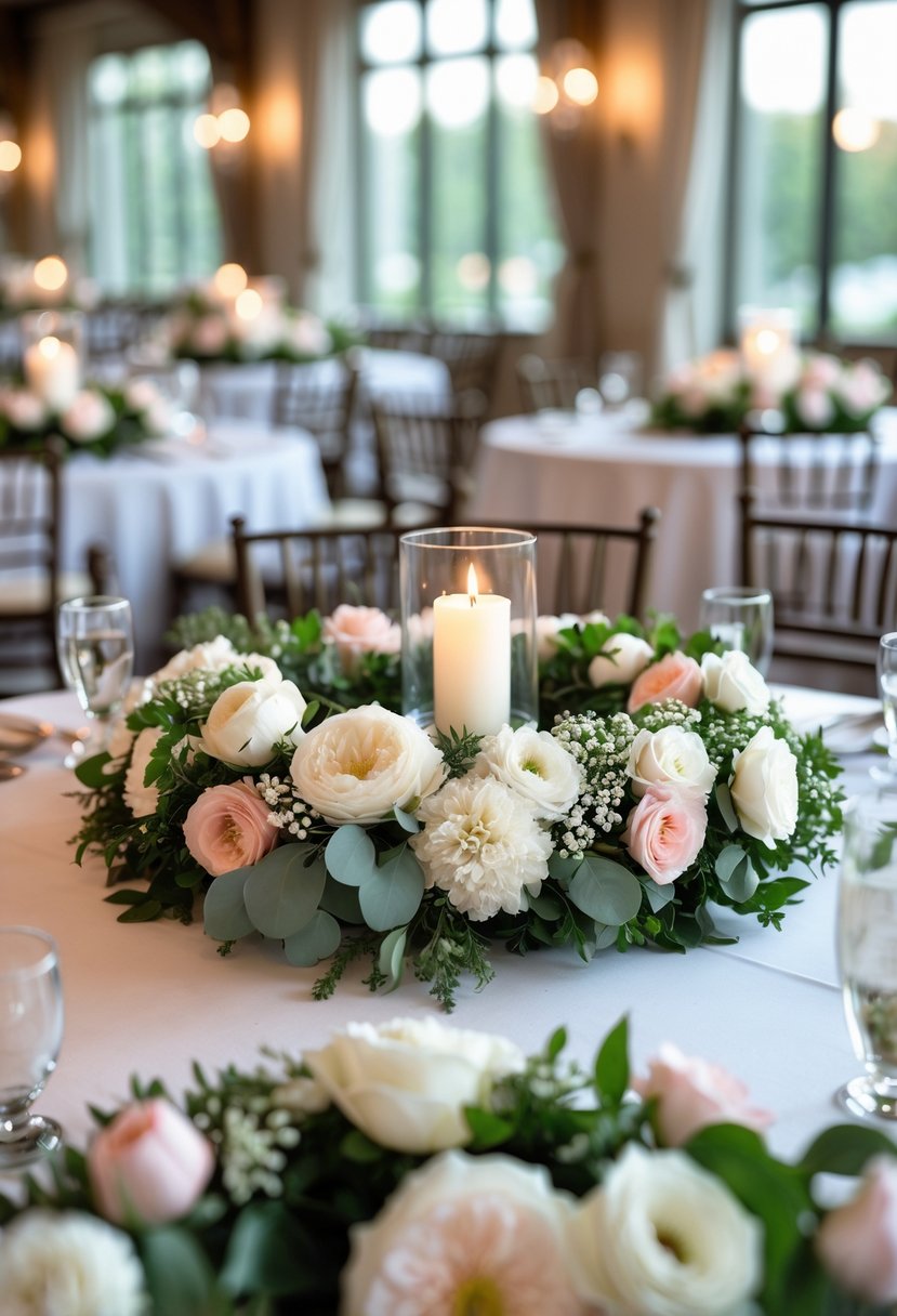 Round wedding tables decorated with floral wreath centerpieces featuring white and pink flowers and greenery, with candles placed inside the wreaths.