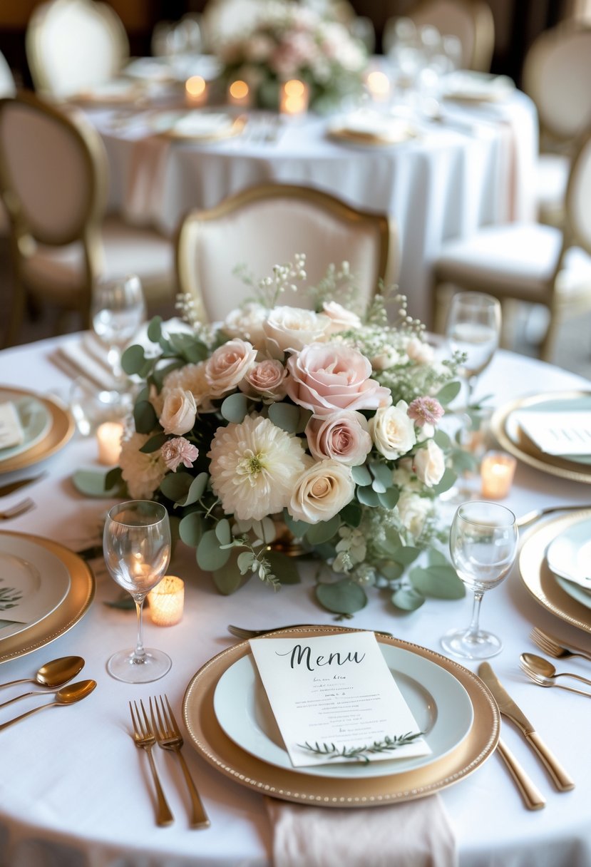 Round wedding table with floral centerpieces, candles, and hand-lettered menu cards on place settings.