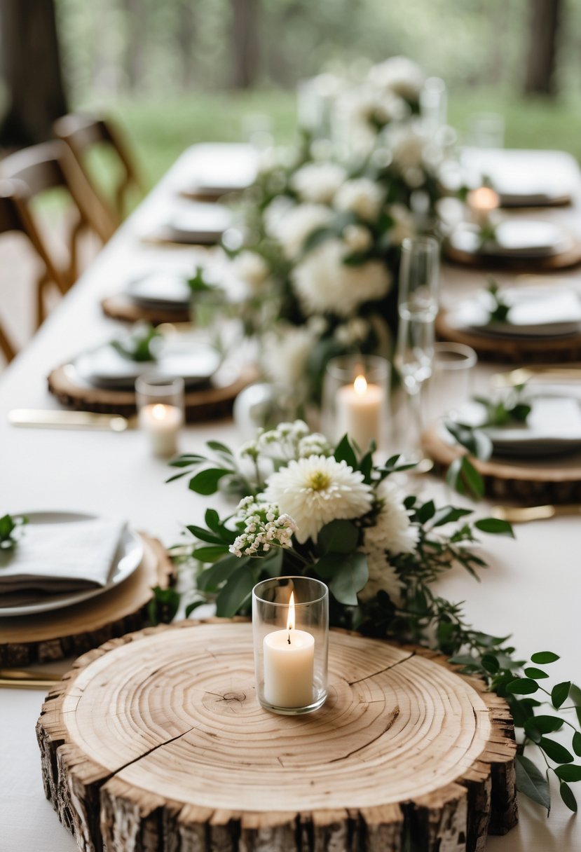 Round wooden slab bases used as table decorations with white flowers, green leaves, and candles on a wedding table.