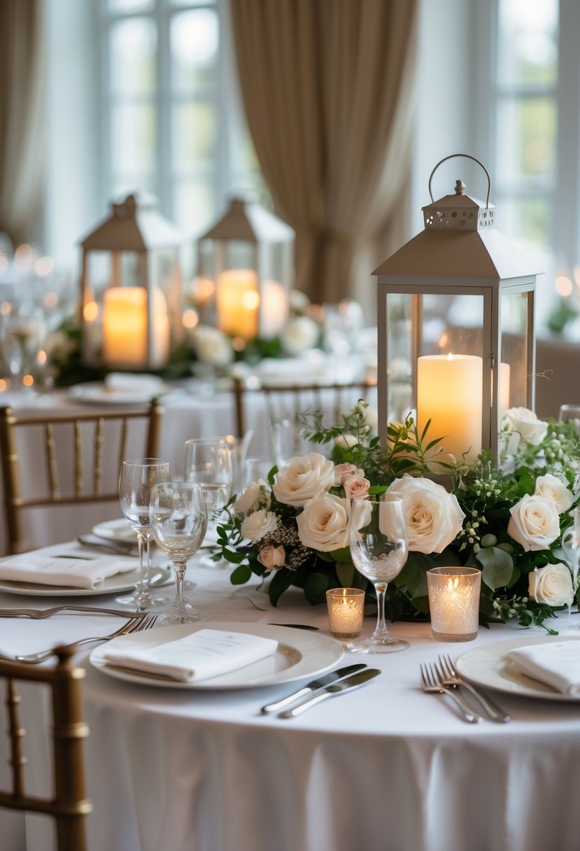 A round wedding table decorated with soft glowing candlelit lanterns, white flowers, and elegant table settings.