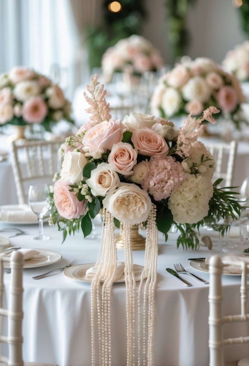 Round wedding tables decorated with floral bouquets draped in pearls.