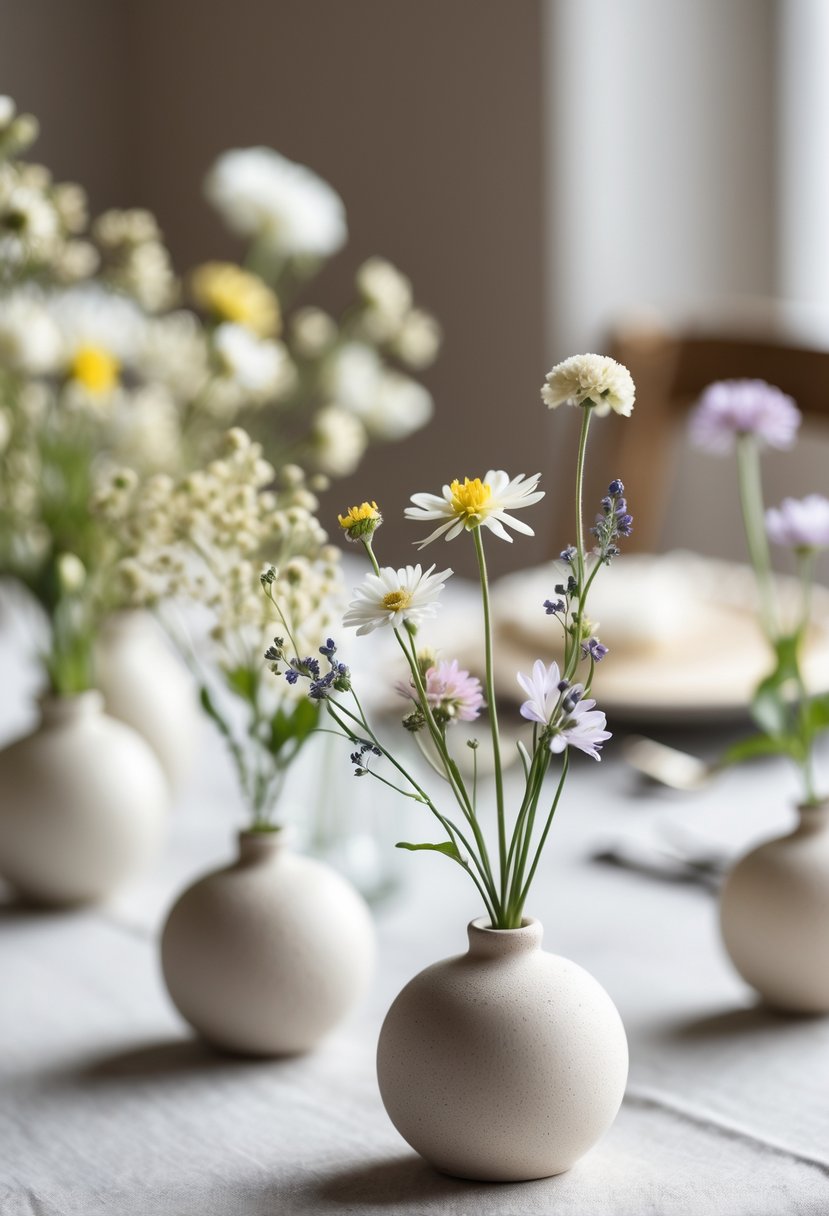 A wedding table with small round ceramic bud vases holding wildflowers in soft colors.