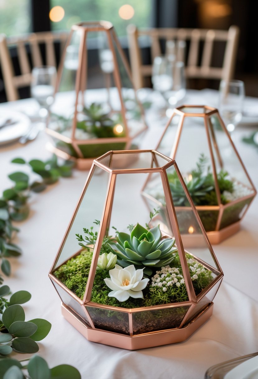 Round wedding table decorated with rose gold geometric terrariums containing succulents and flowers.