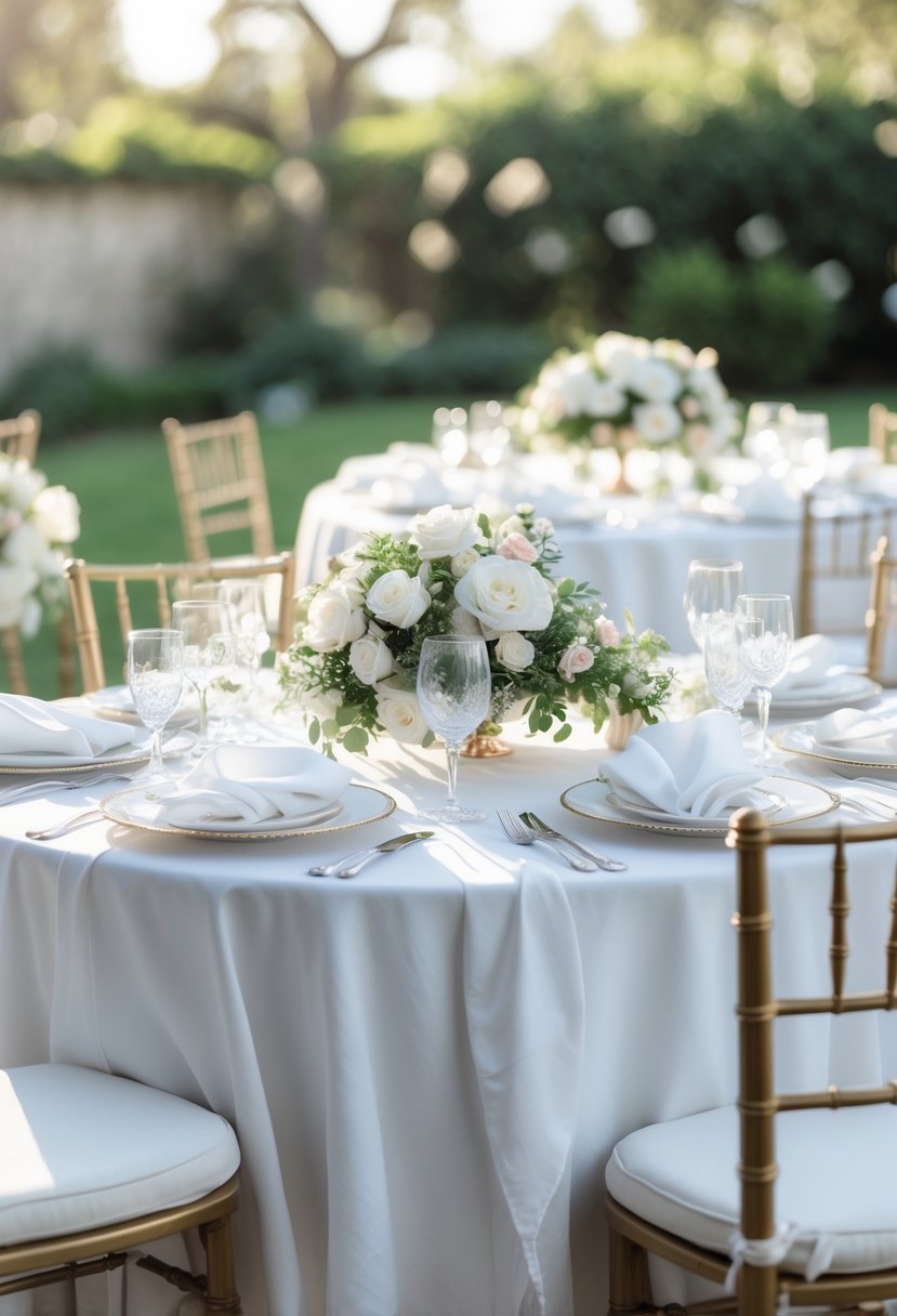 A round wedding table covered with white linen tablecloth and decorated with floral centerpieces, plates, glasses, and cutlery in an outdoor setting.