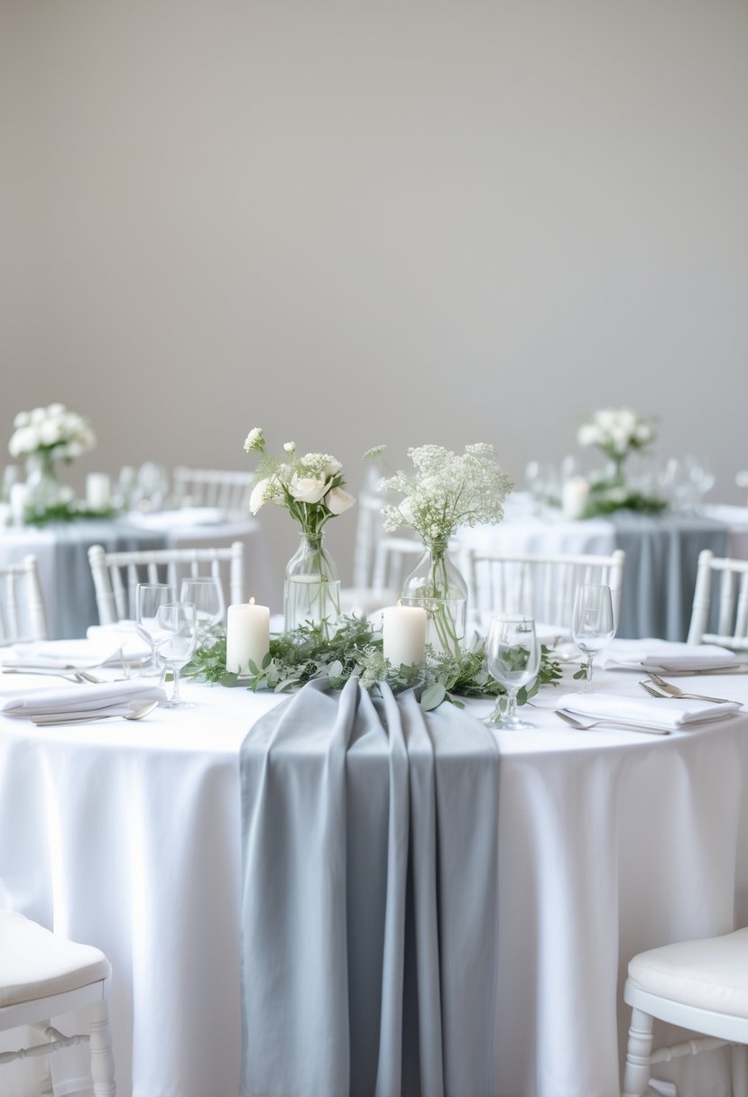 Round tables with white tablecloths and soft grey runners, decorated with white flowers and candles.