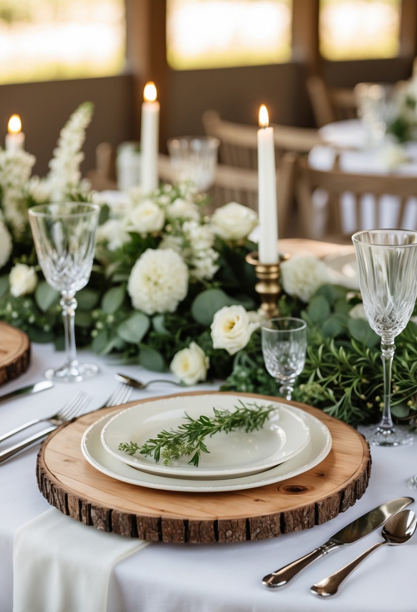A round wedding table set with rustic wooden chargers, white plates, silverware, glasses, and floral decorations.