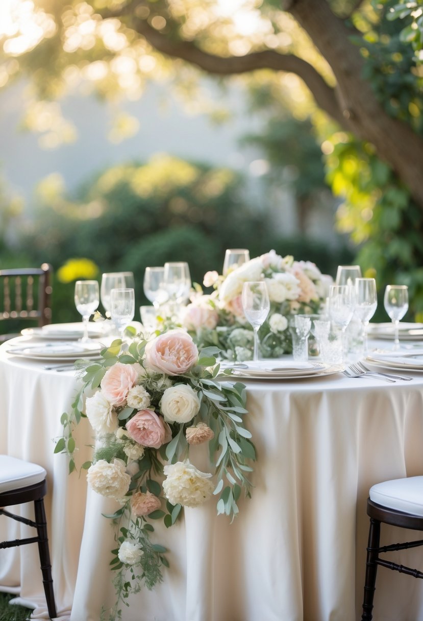 A round wedding table decorated with silk floral garlands and set with plates, glasses, and silverware in an outdoor garden setting.