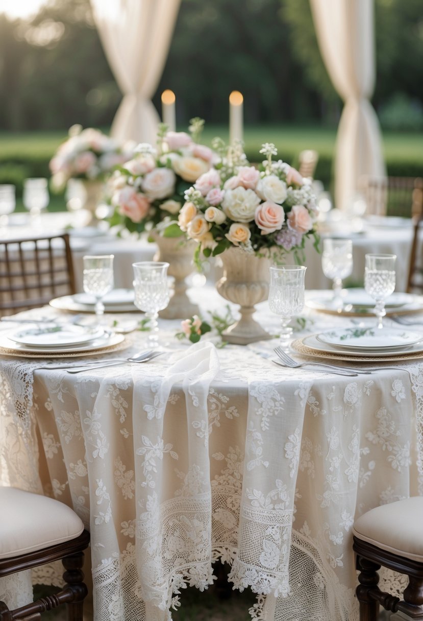 A round wedding table decorated with delicate white lace overlays, fine china, crystal glassware, silverware, and pastel floral centerpieces.