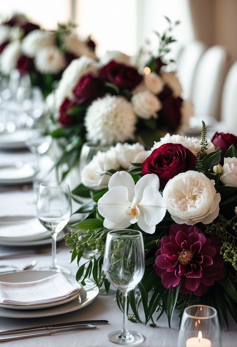 A round wedding table decorated with large monochrome floral arrangements and elegant table settings.