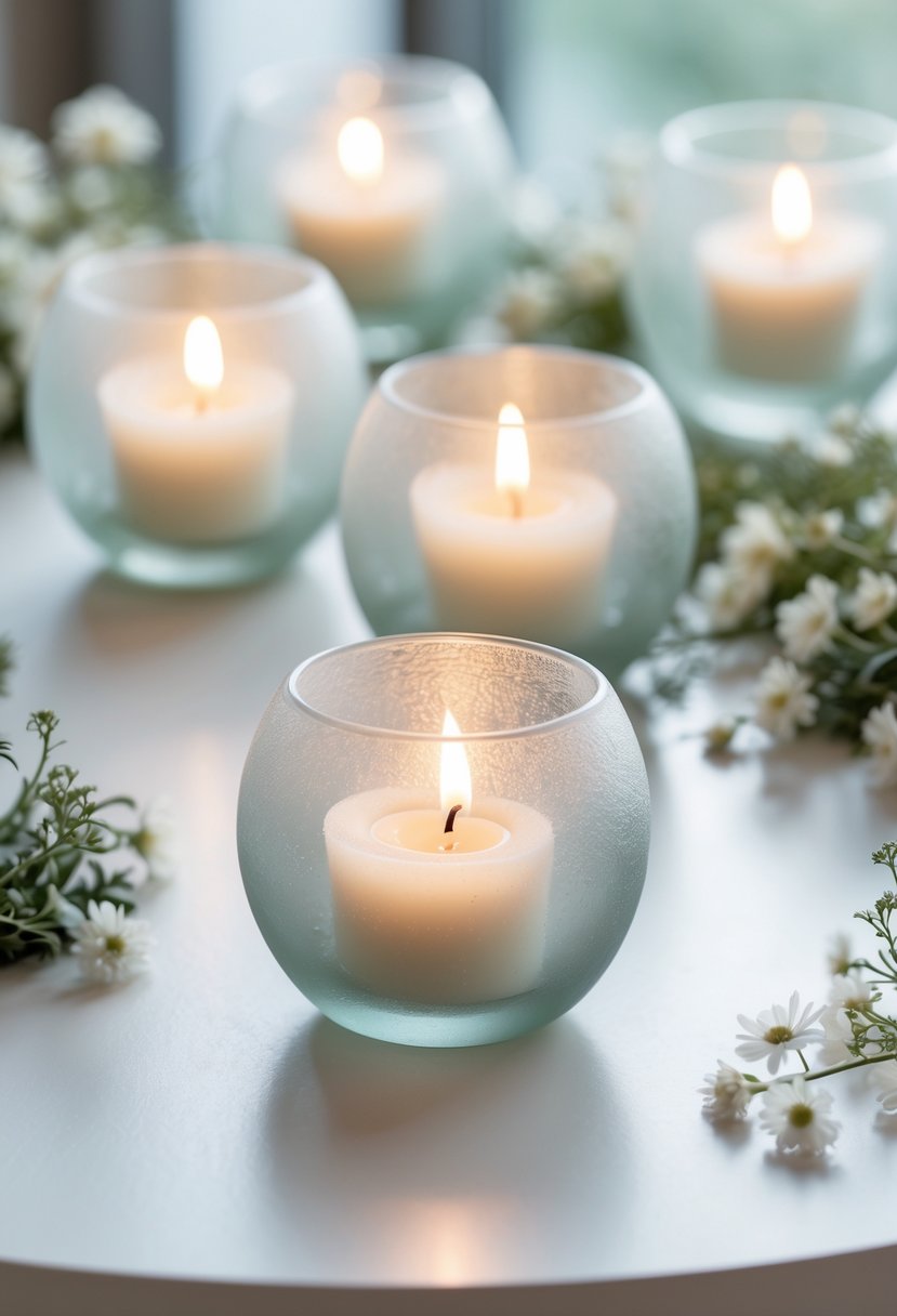 A round wedding table decorated with frosted glass votive candles softly glowing, surrounded by small greenery and white flowers.