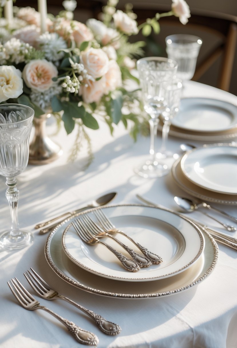 A round wedding table set with vintage silverware, white plates, and floral centerpieces.