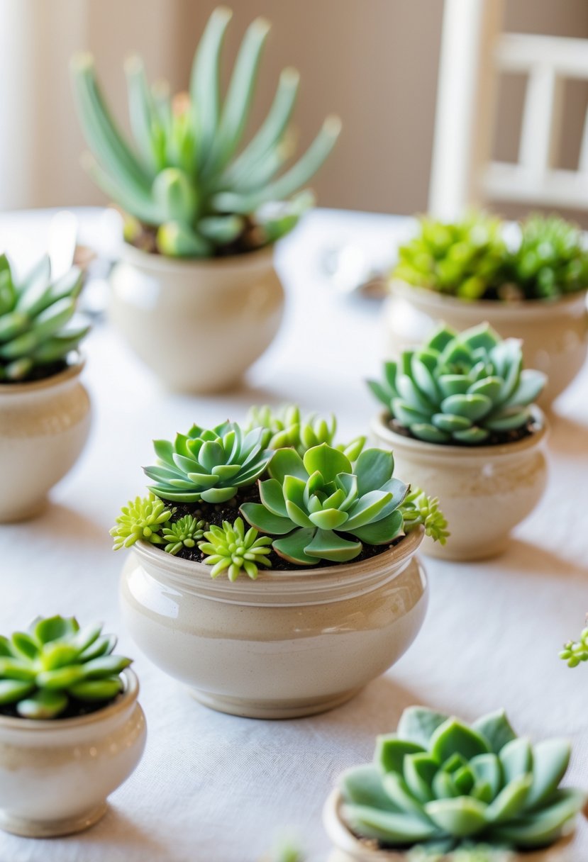 Close-up of small potted succulents arranged on a round table with a white tablecloth.