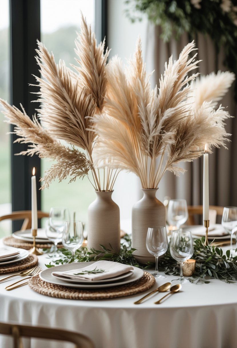 A round wedding table decorated with dried pampas grass bouquets as centerpieces, surrounded by tableware and candles.
