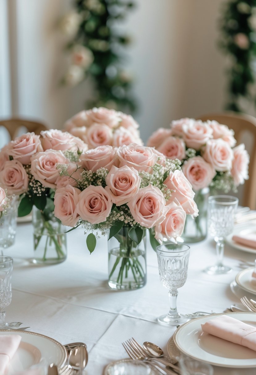 A round wedding table decorated with clusters of blush pink roses in glass vases, surrounded by table settings including plates, silverware, and glasses.