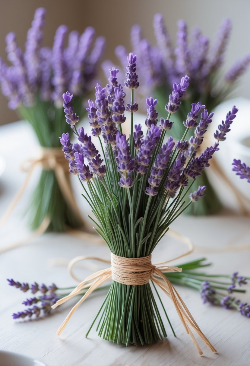 Sprigs of lavender tied with natural raffia placed on a round wedding table decoration.