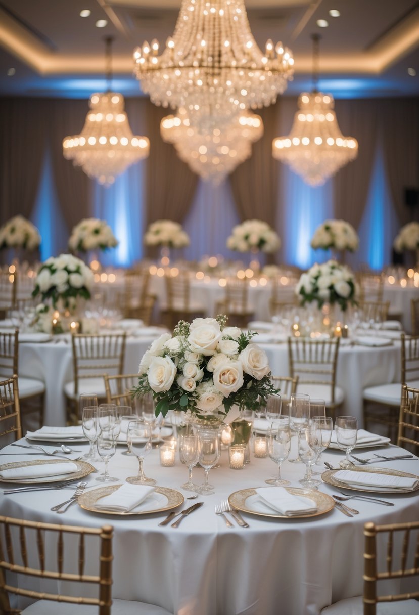 Round wedding tables decorated with white linens, floral centerpieces, and crystal chandeliers hanging overhead.