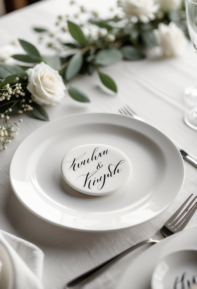 A wedding table with round white porcelain place cards featuring elegant calligraphy, surrounded by greenery and small white flowers.