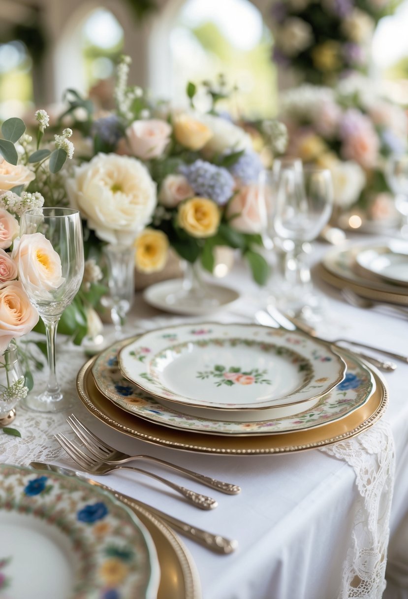 A round wedding table set with mismatched vintage china plates, floral centerpieces, and silverware.