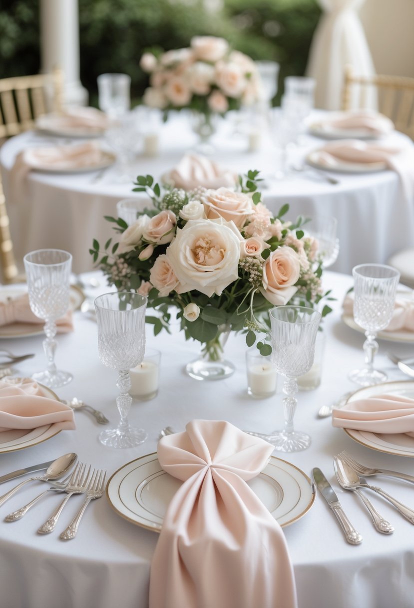 A round wedding table set with soft blush and ivory napkins, floral centerpieces, glassware, and silver cutlery.