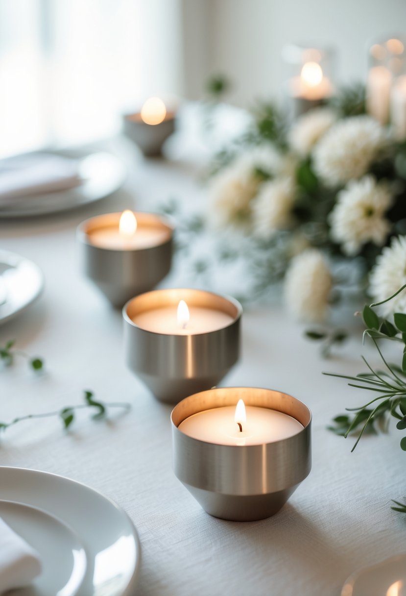 A wedding table with round metal candle holders holding lit white candles, arranged on a white tablecloth with soft natural lighting.