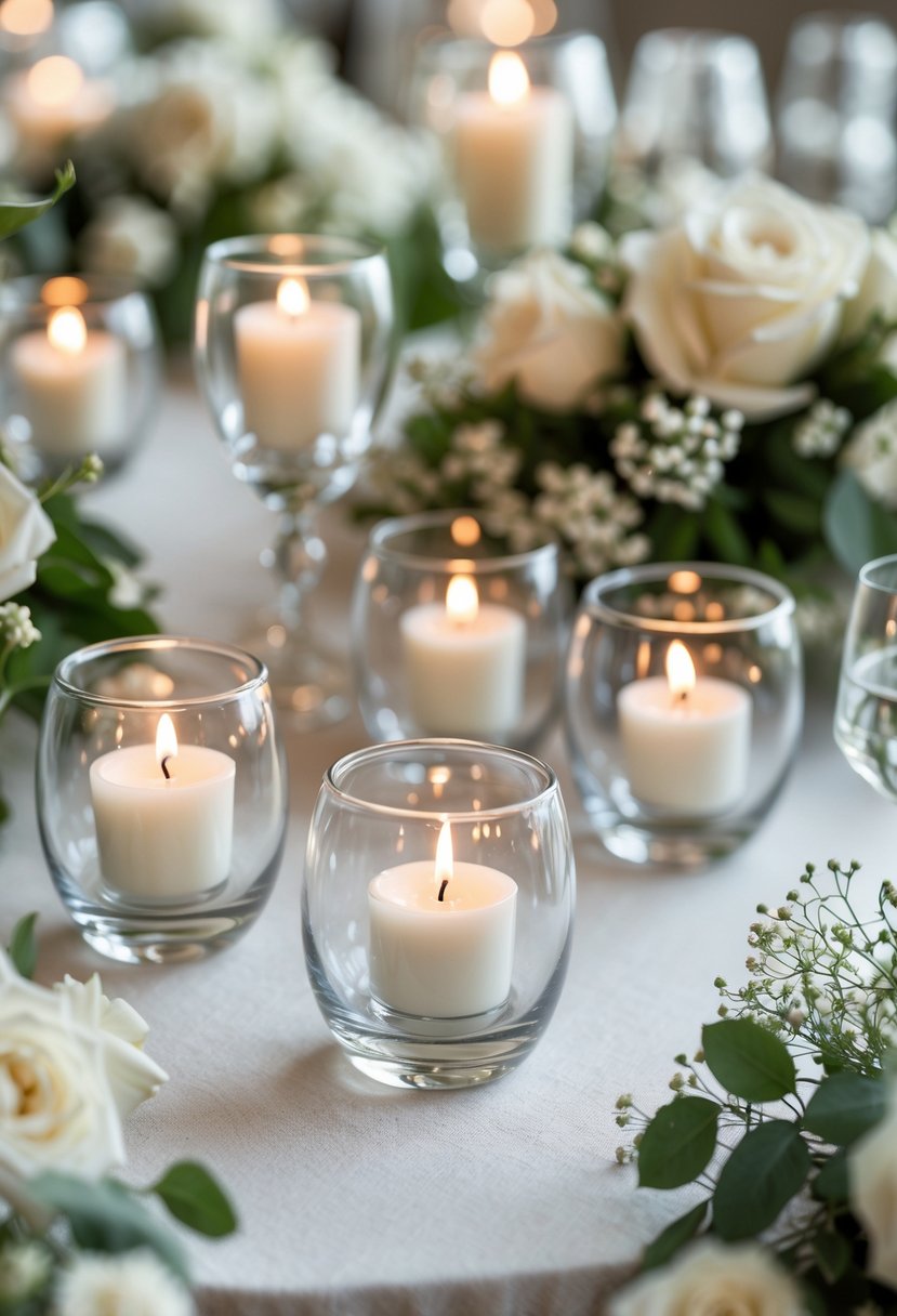 A table set with glass votive candle holders holding lit white candles surrounded by white flowers and greenery.
