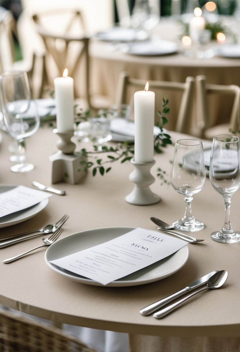 Round wedding table with monochrome menus on recycled paper, simple white plates, greenery sprigs, and candles.