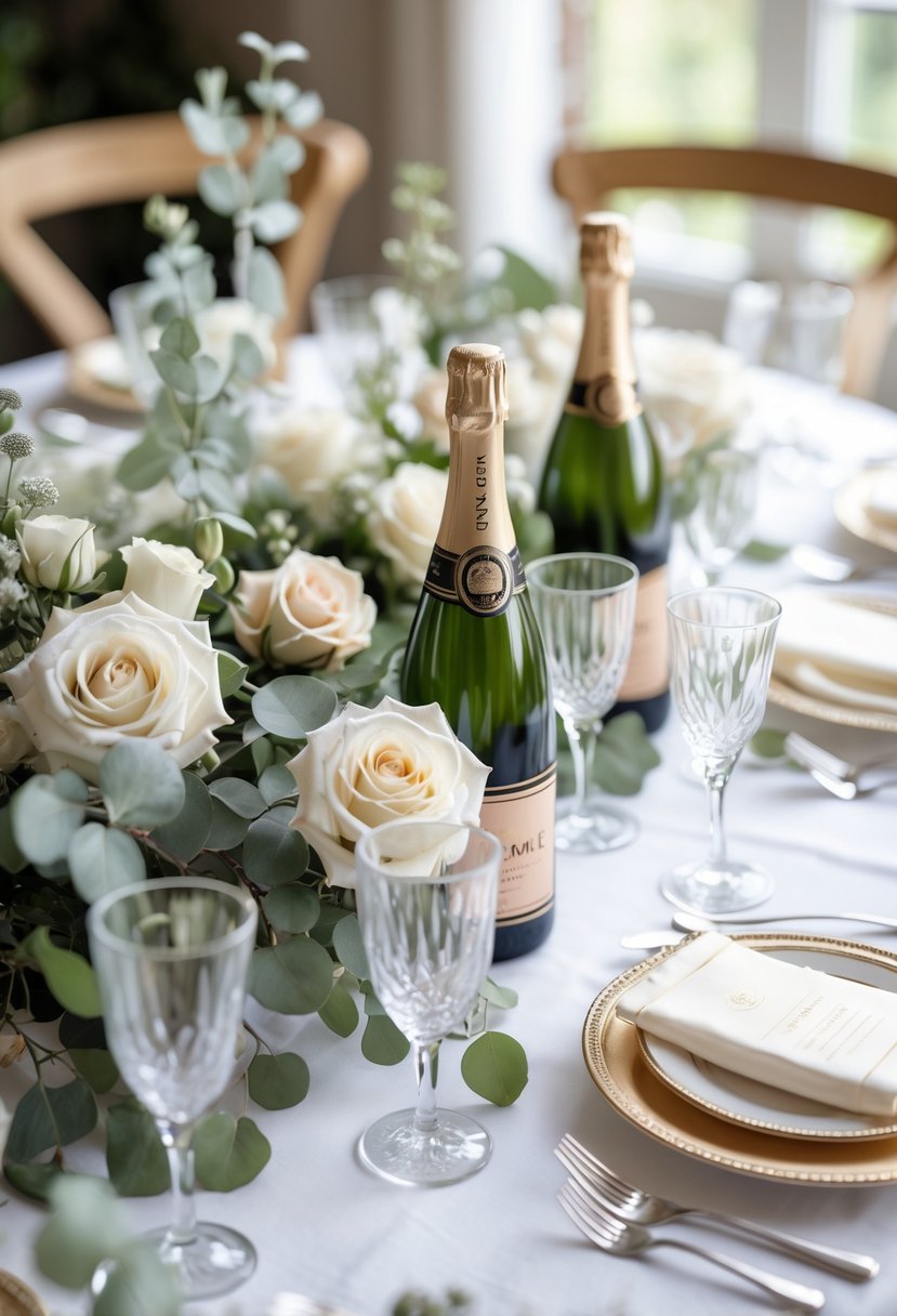 A round wedding table decorated with miniature champagne bottles, white flowers, and elegant place settings.