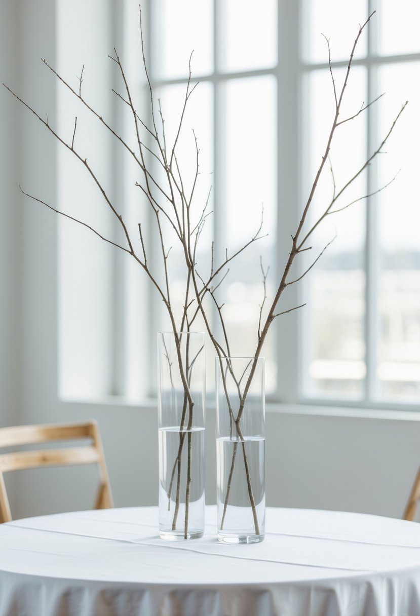A round table with tall, slim glass vases holding bare branches arranged as a wedding centerpiece.