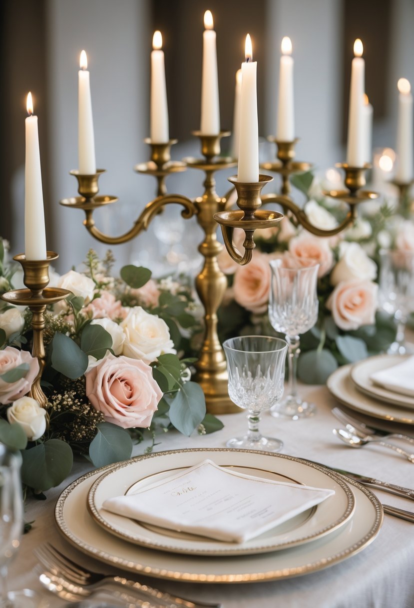 A round wedding table decorated with antique brass candelabras holding lit candles, surrounded by floral arrangements and elegant table settings.
