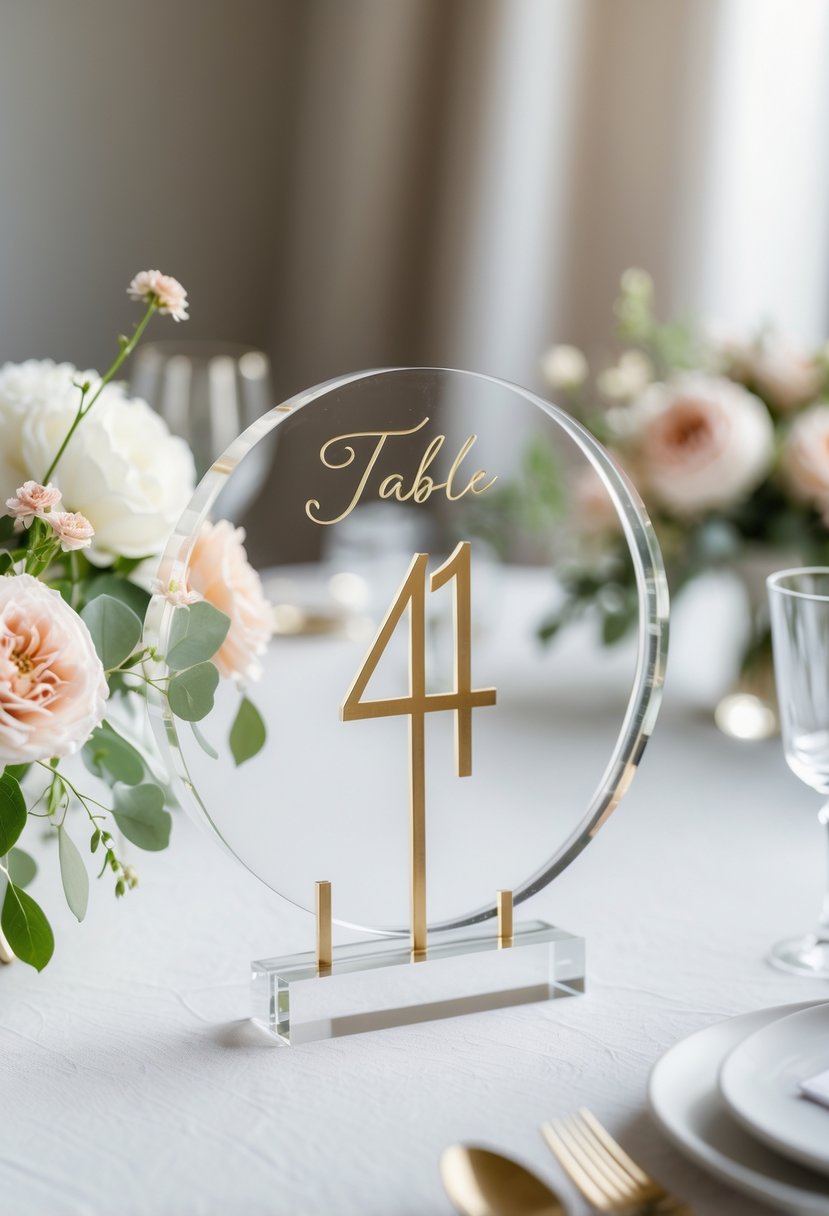 A wedding table with clear round acrylic table number signs with gold writing, surrounded by flowers and glassware.
