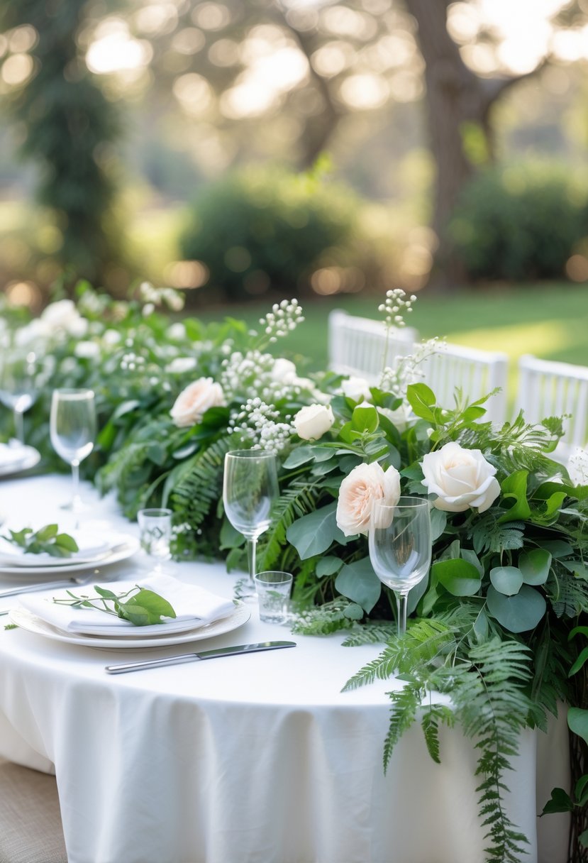 A round wedding table decorated with lush green garlands and white flowers, set outdoors with natural light.