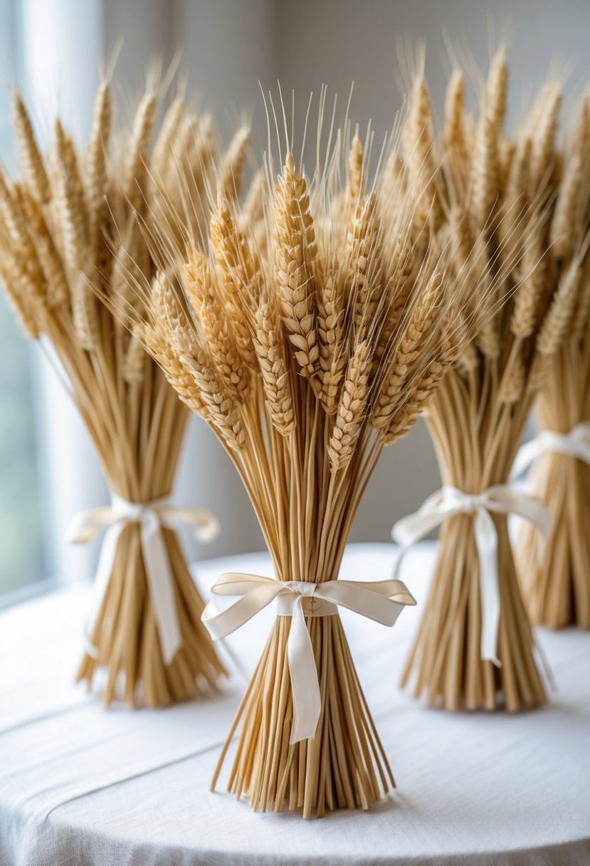 Small bundles of dried wheat tied with ribbons arranged on a round table.