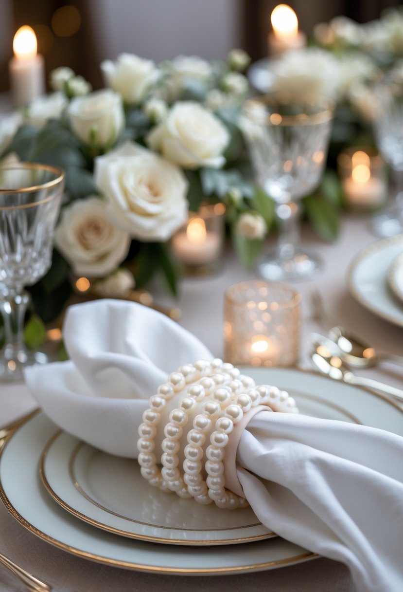 A wedding table setting with white napkins held by round pearl napkin rings on plates, surrounded by flowers and glassware.