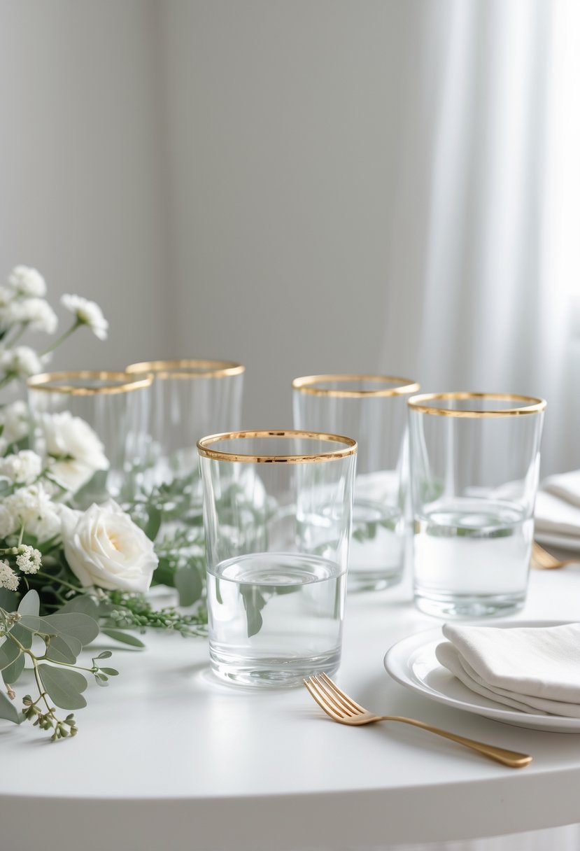 Clear water glasses with gold rims arranged on a round wedding table with white flowers and greenery.
