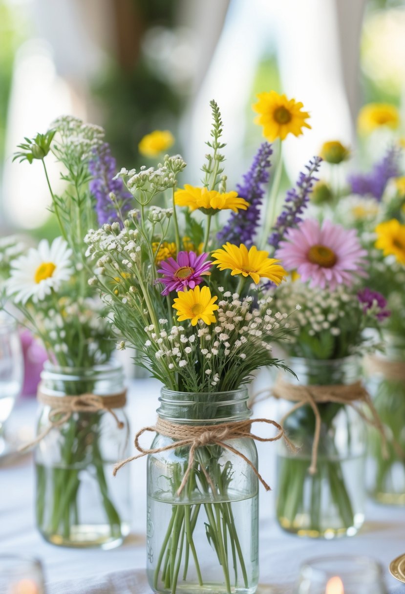 Mason jars filled with colorful wildflowers arranged on a round wedding table covered with a white cloth.