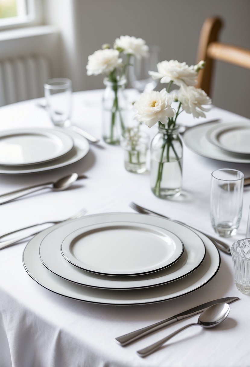 A wedding table with simple white round plates featuring thin black edges, small white flowers in glass vases, silver cutlery, and clear glassware on a white tablecloth.