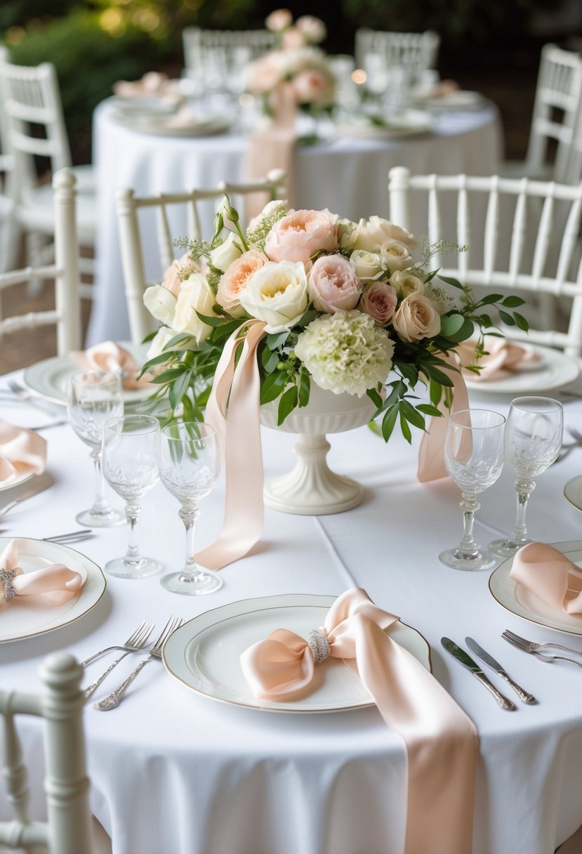 A round wedding table decorated with silk ribbons, fresh flowers, fine china, and crystal glassware.