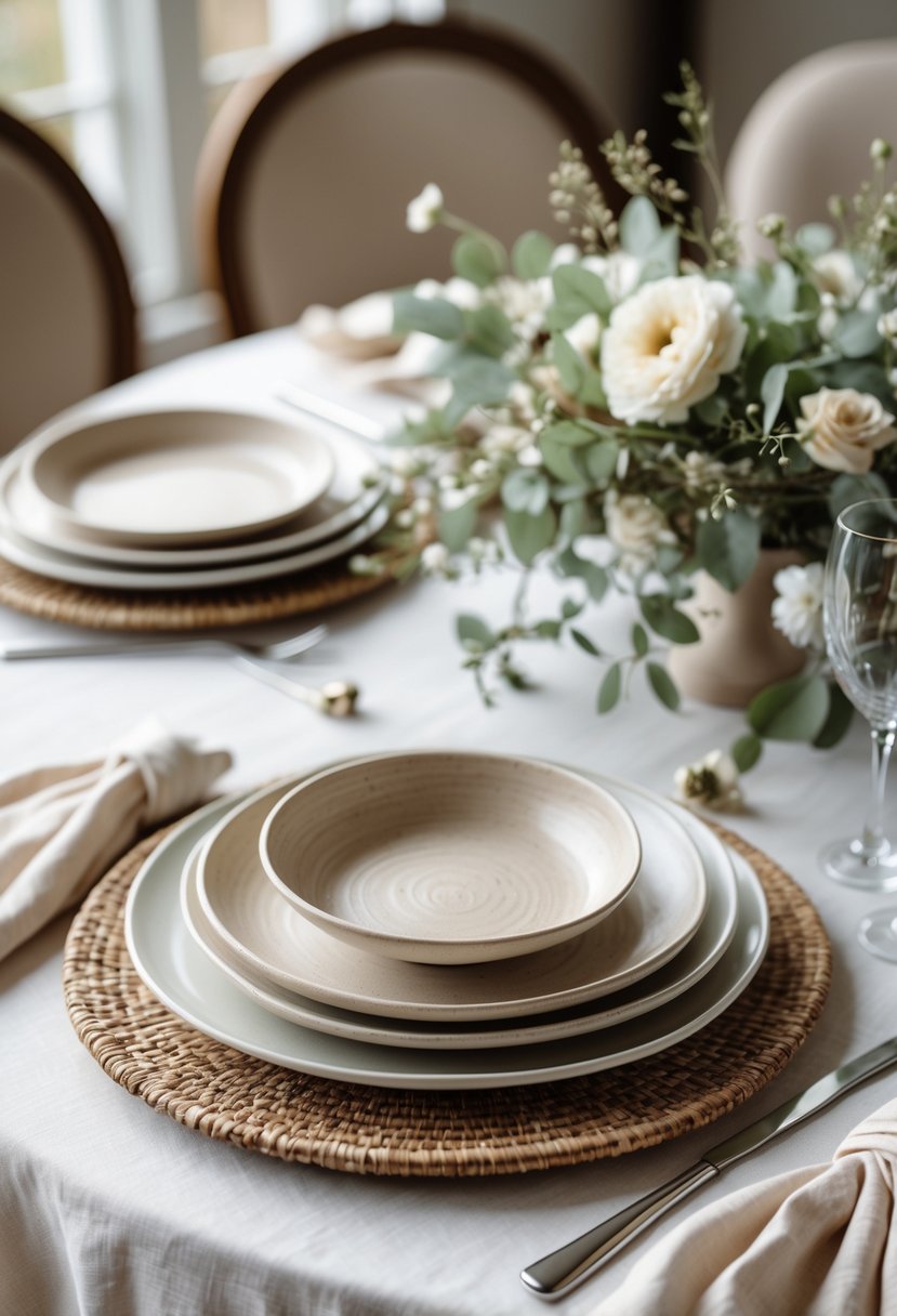A round wedding table set with neutral-toned ceramic plates, beige napkins, greenery, and subtle floral decorations.