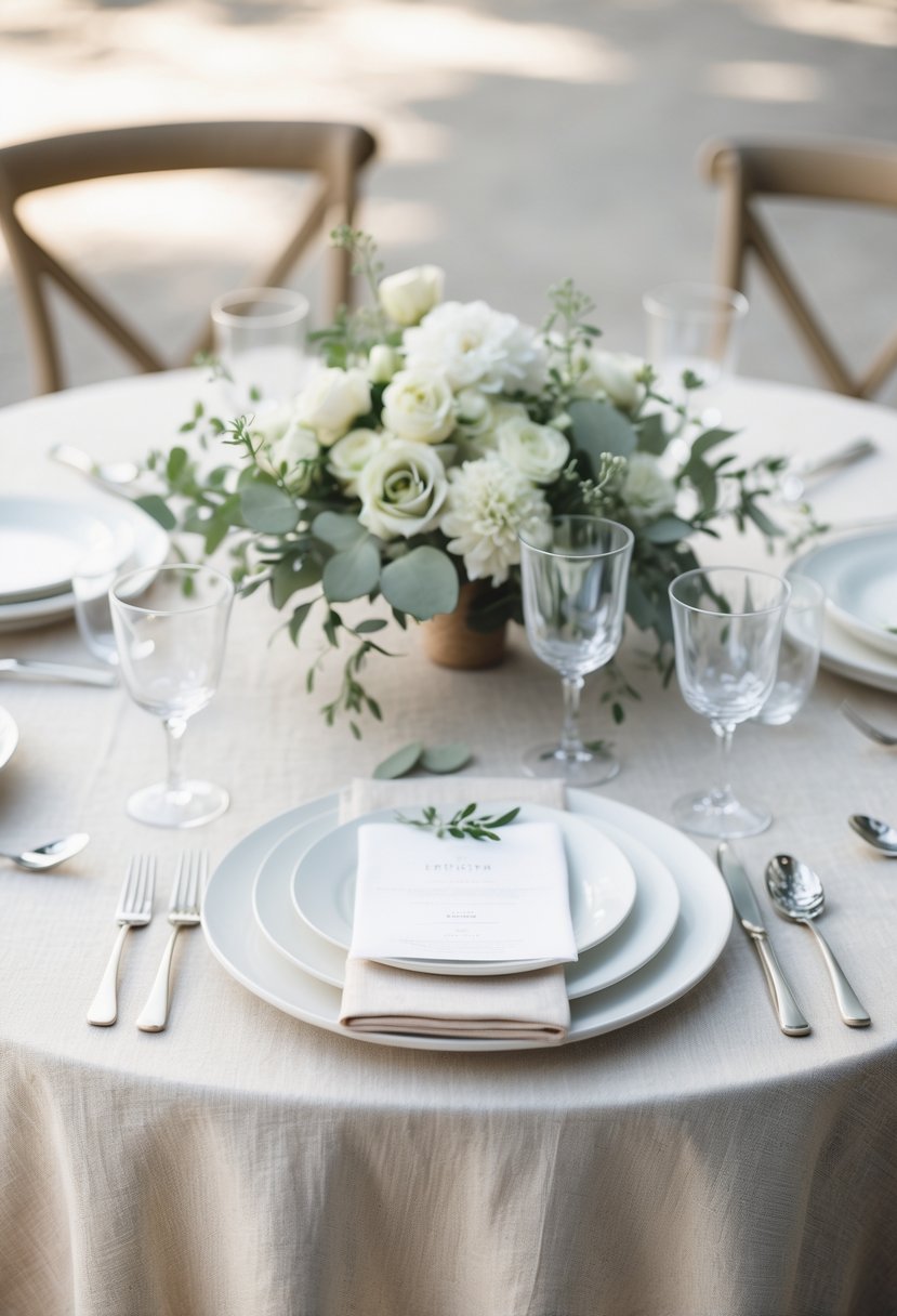 A round wedding table with a natural cotton tablecloth and simple floral centerpiece, set with glassware and plates.