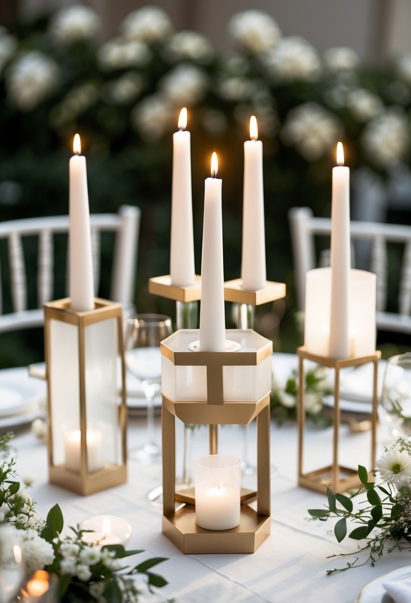 A round wedding table with modern geometric candle holders holding lit white candles, decorated with greenery and small white flowers.
