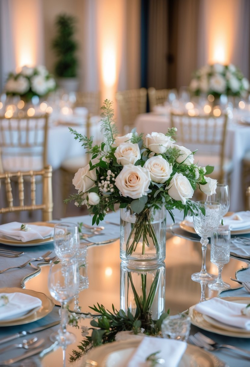 Round wedding tables decorated with mirrored runners, floral centerpieces, and elegant table settings in a softly lit venue.