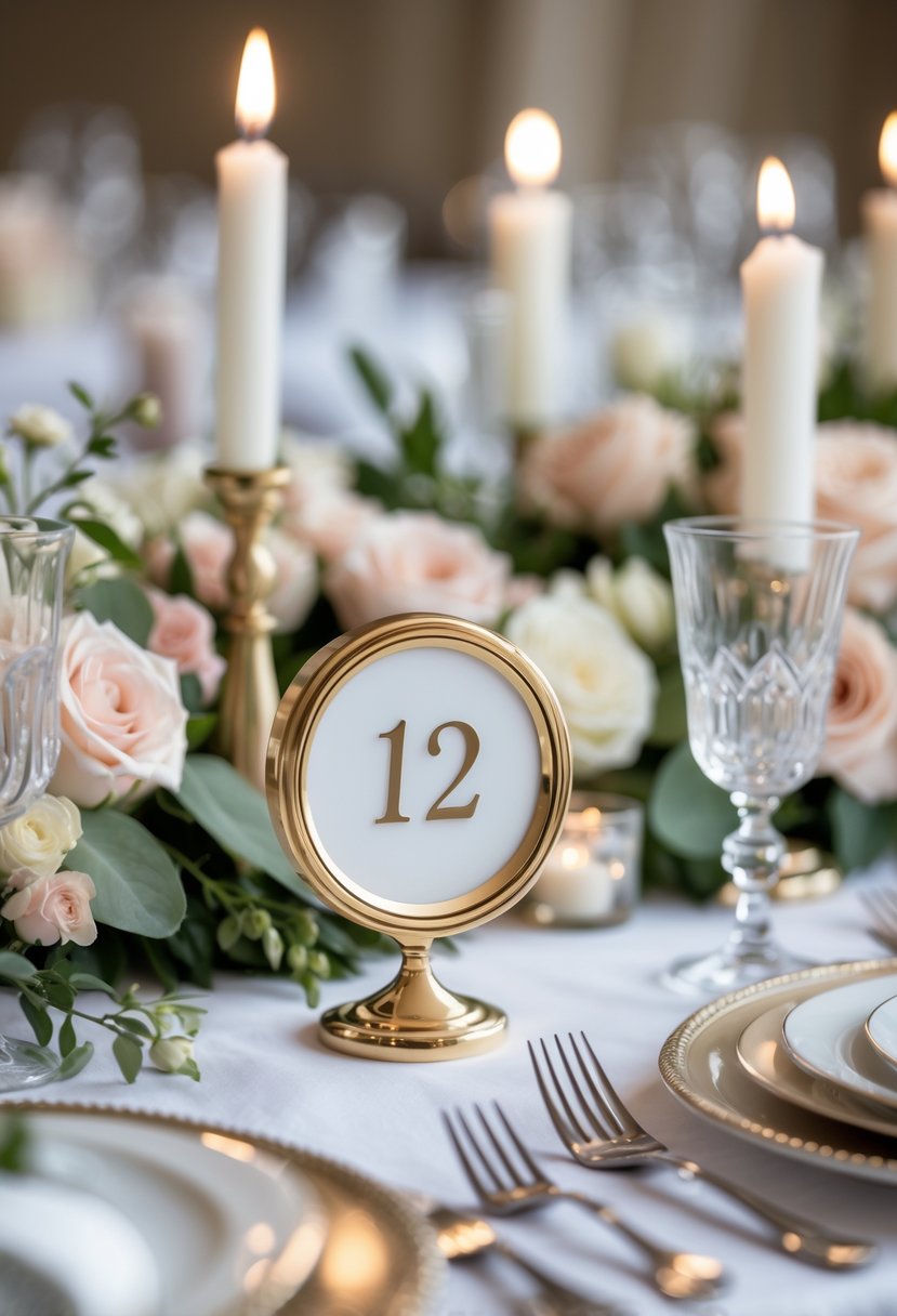 A wedding table with small round framed table numbers surrounded by flowers, candles, and table settings.