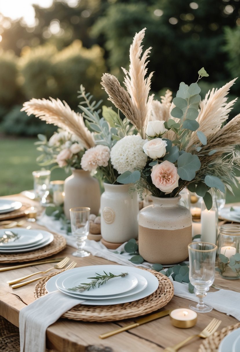 A round wedding table set outdoors with floral centerpieces, plates, flatware, and candles arranged neatly on a wooden surface.