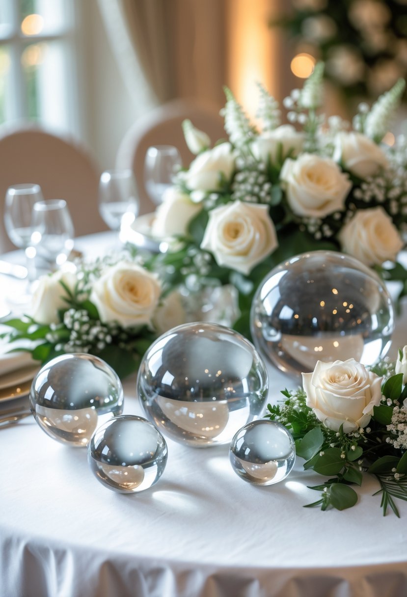 A round wedding table decorated with clear crystal orbs and white floral arrangements.