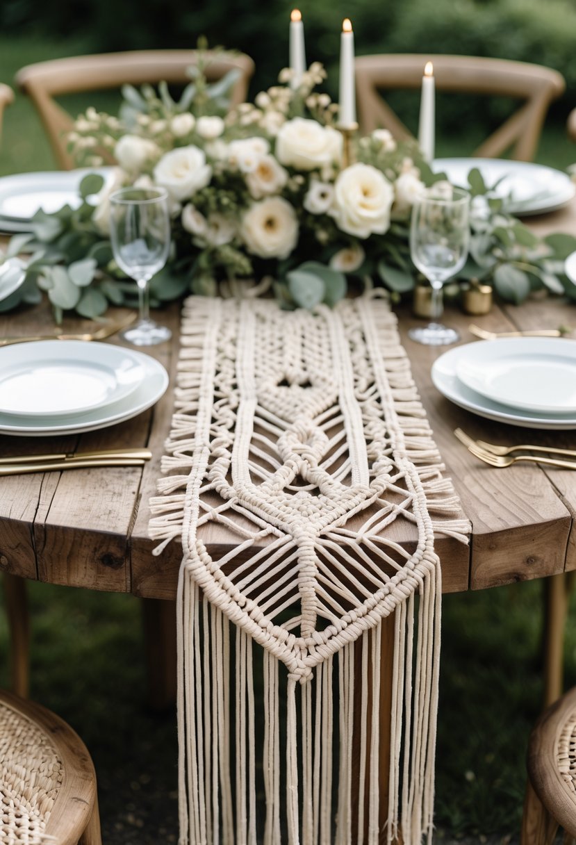 Round wedding table decorated with a macrame table runner and fringe, set outdoors with floral arrangements and tableware.