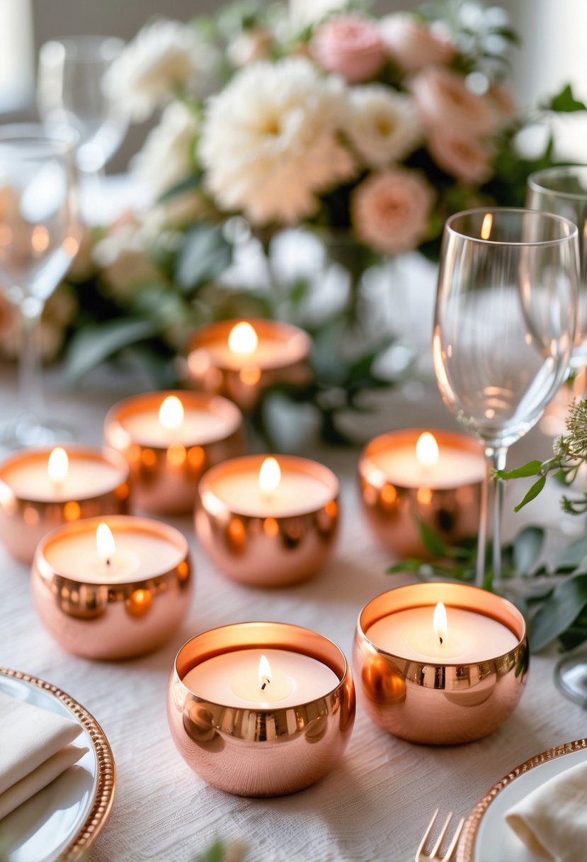 Copper round tealight holders on a wedding table surrounded by flowers and soft candlelight.