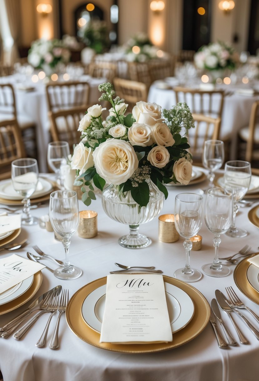 A round wedding table set with floral centerpieces, fine china, crystal glasses, and folded napkins in an elegant reception setting.