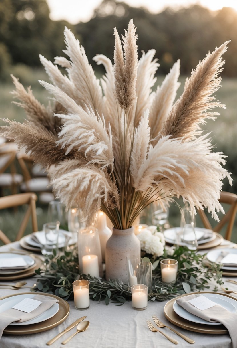 Round wedding table with dried pampas grass centerpieces and simple table settings outdoors.