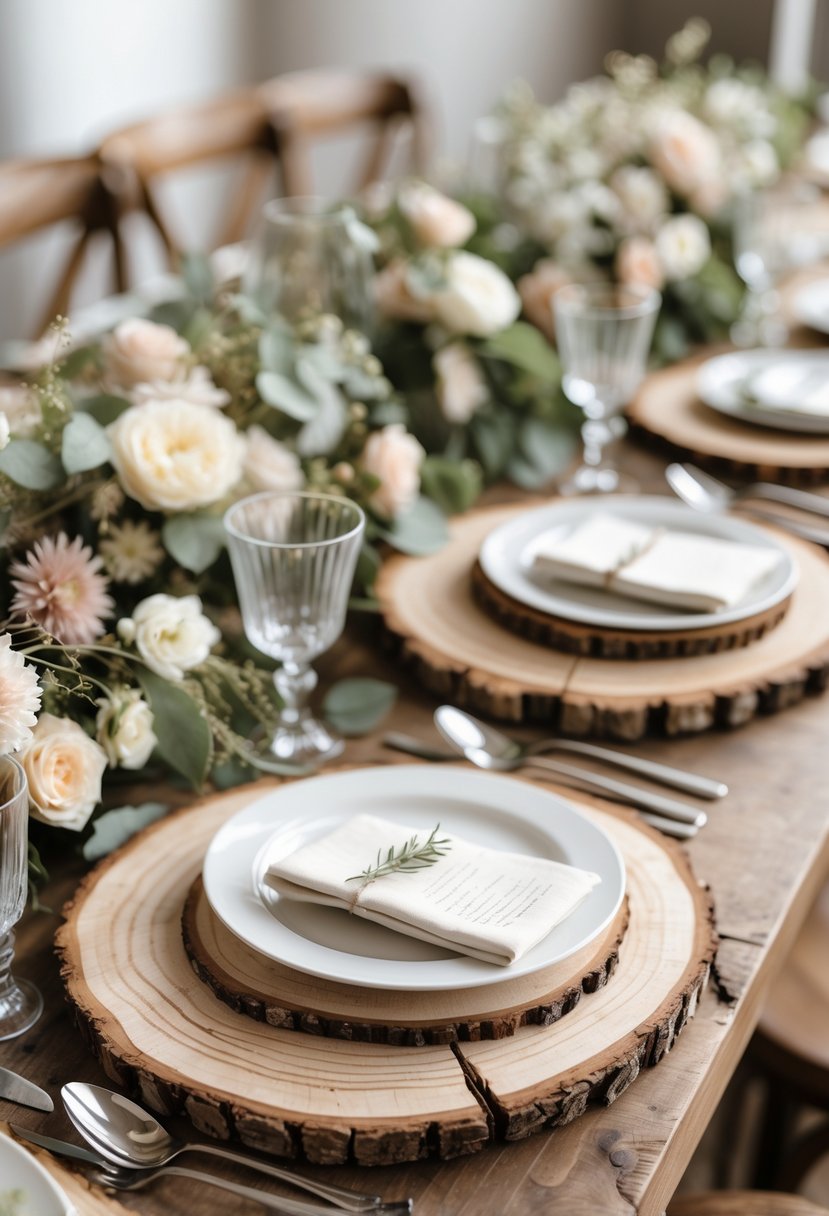 A wedding table set with round wooden slices as placemats holding plates, cutlery, glassware, and floral decorations.