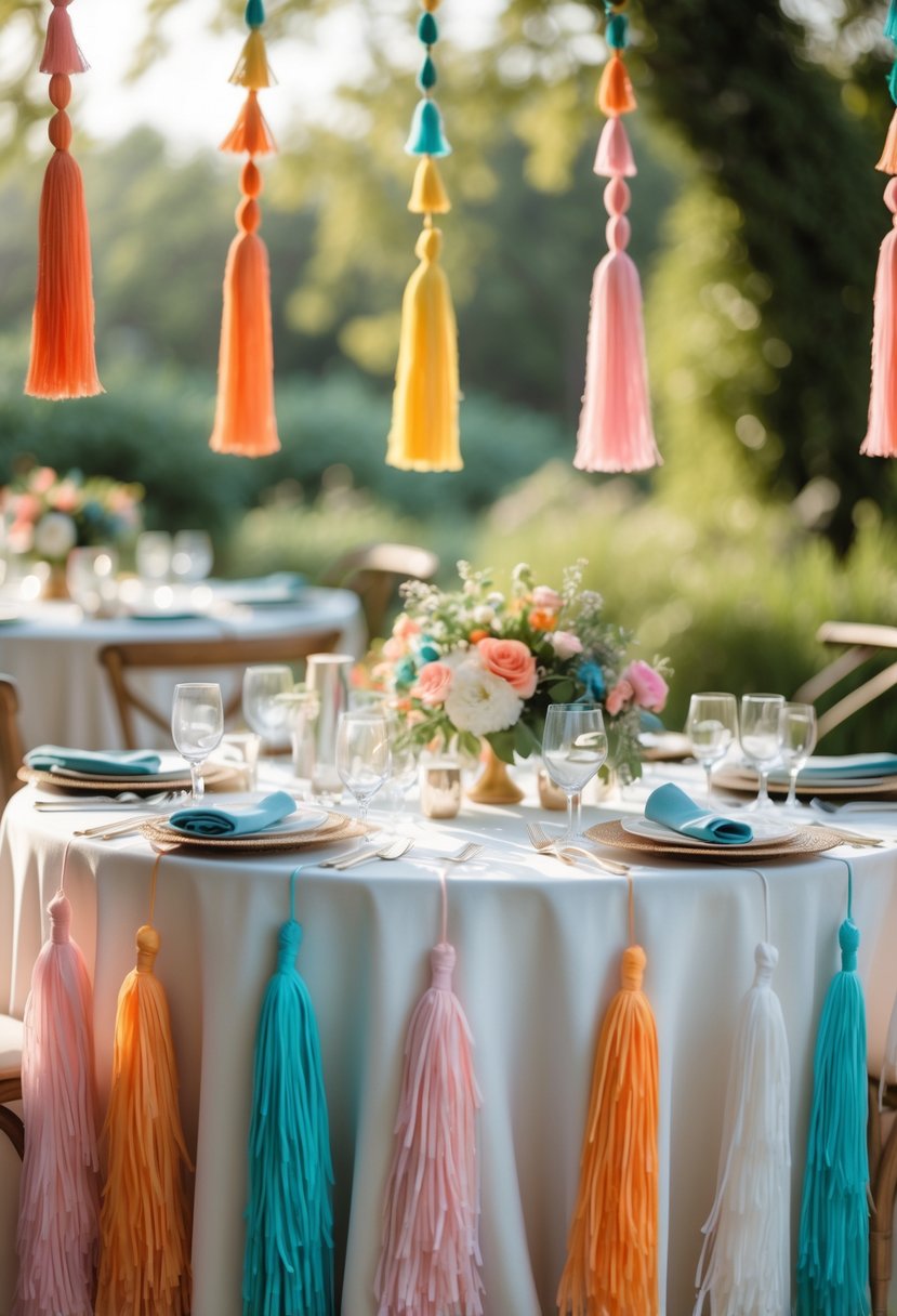 A round wedding table decorated with colorful tassel garlands and floral centerpieces outdoors.